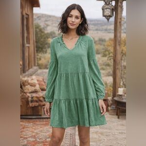 Sundance Cotton Tiered Dress Large Gem Green Long Sleeve Ruffle Sage Boho